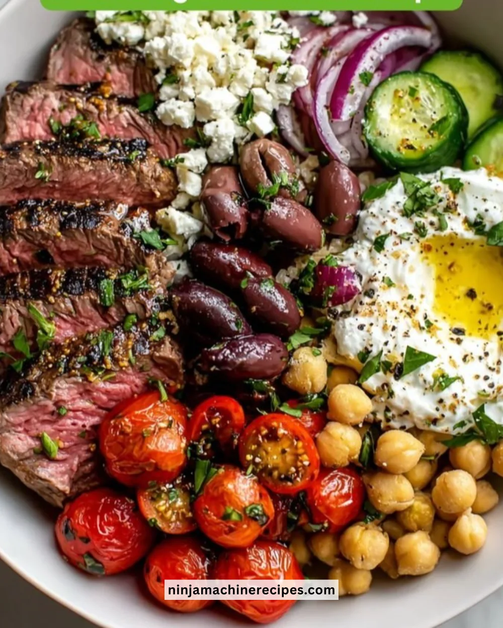 Mediterranean steak bowl with grilled steak, fresh veggies, and herbs