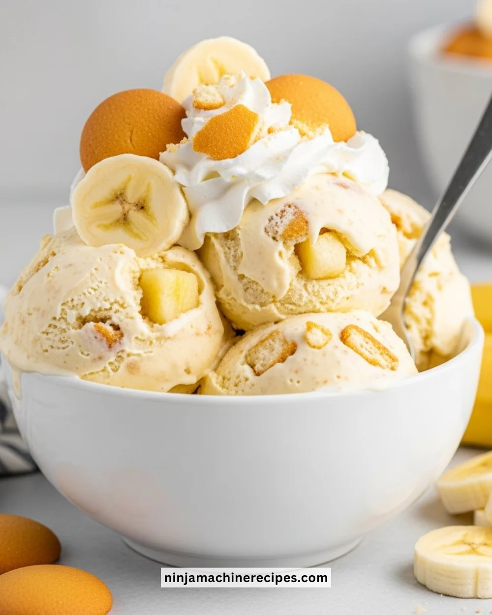 Ninja Creami banana pudding ice cream served in a bowl with wafer toppings