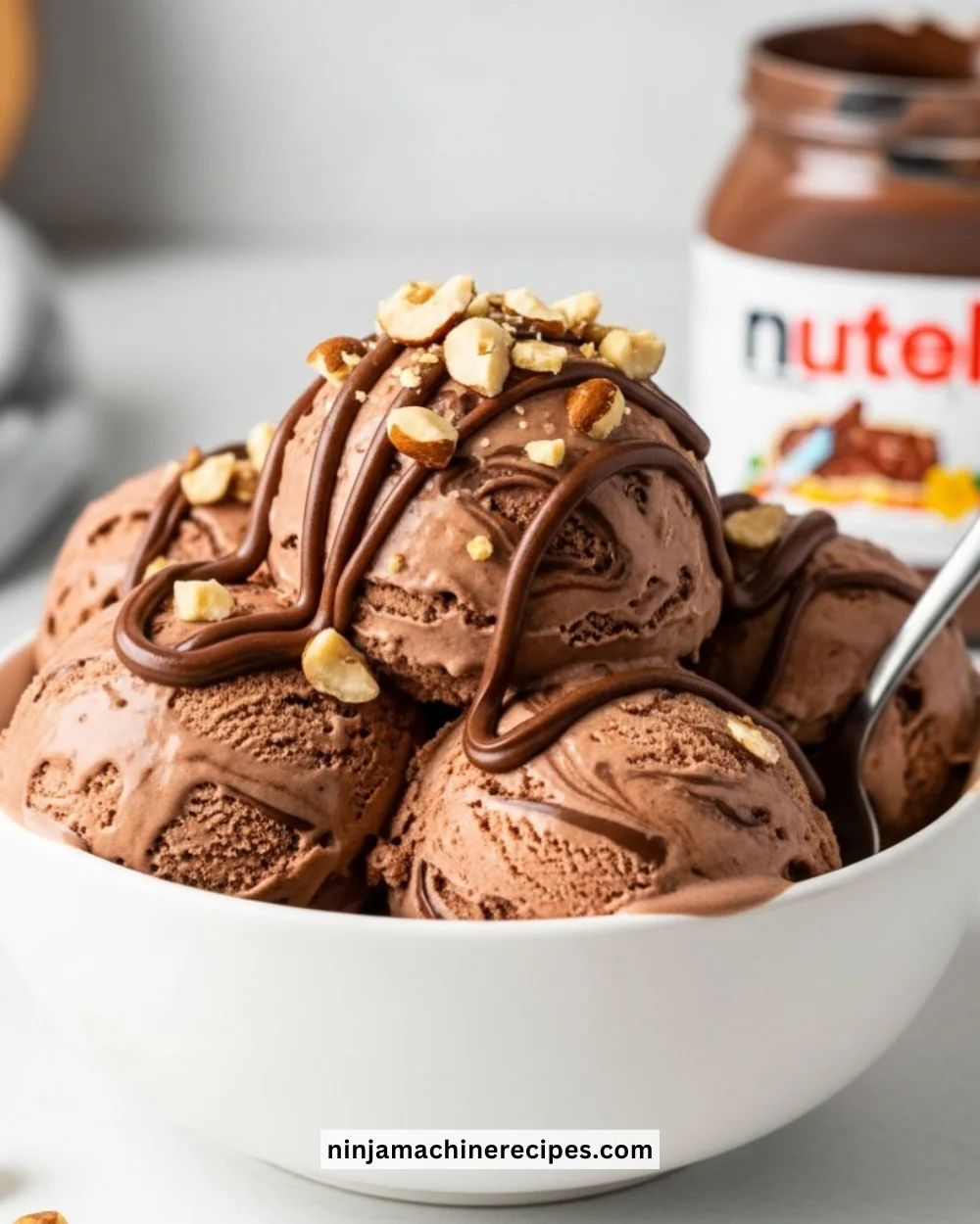 Delicious Ninja Creami Nutella ice cream served in a bowl with a spoon