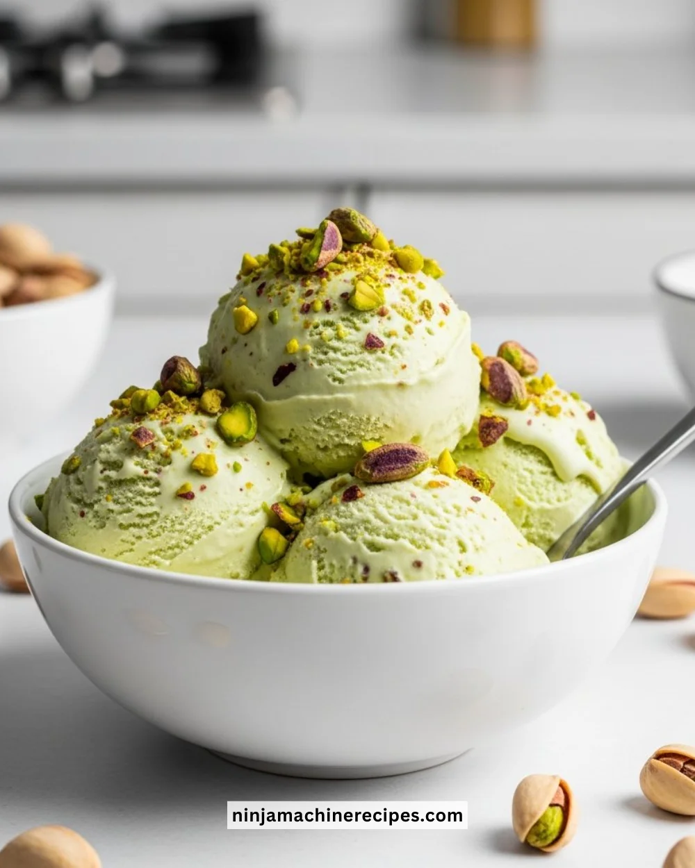 Bowl of creamy pistachio ice cream made with Ninja Creami