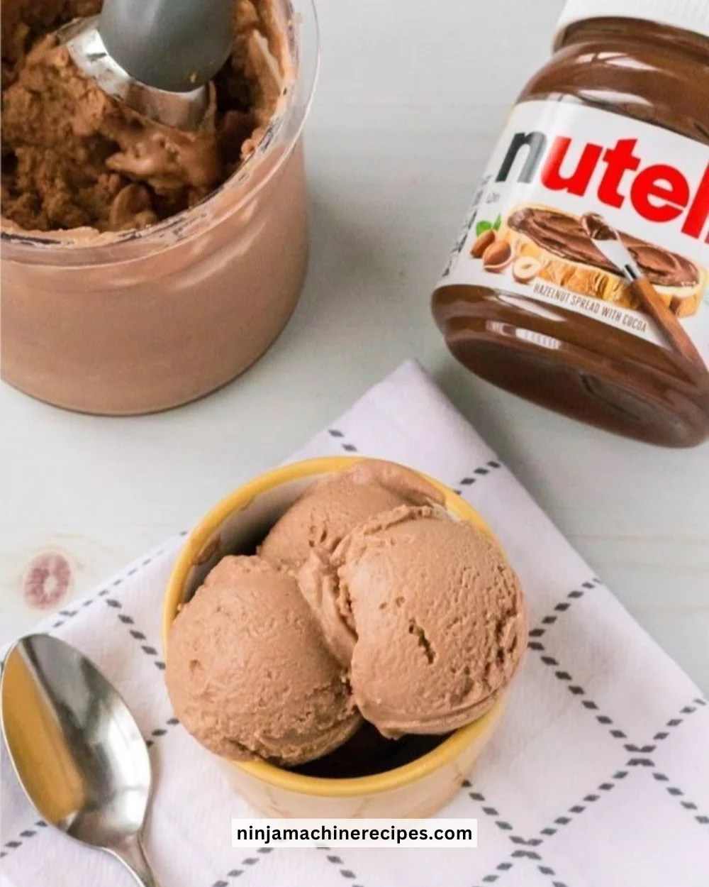 Delicious bowl of homemade Nutella Ice Cream topped with chocolate shavings
