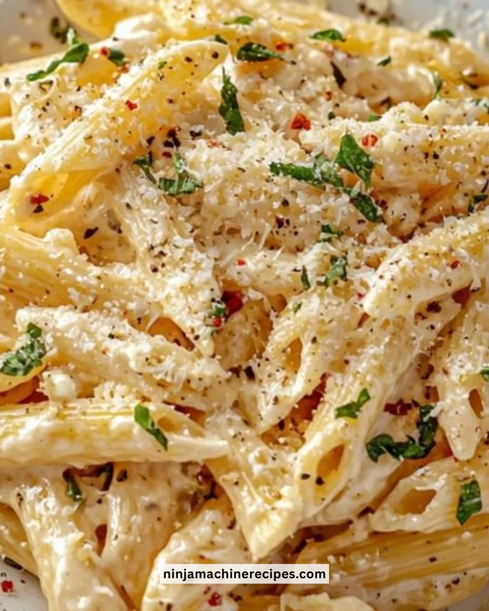 One Pot Creamy Garlic Pasta served in a bowl with fresh herbs and cheese