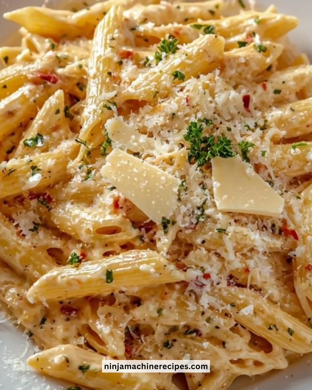 Bowl of creamy garlic pasta served with herbs and Parmesan cheese