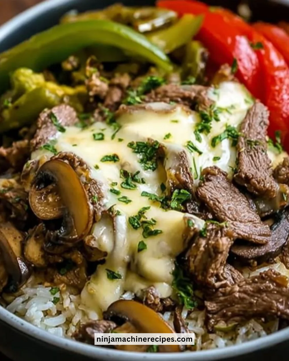 Delicious Philly cheesesteak bowls with beef, onions, and melted cheese