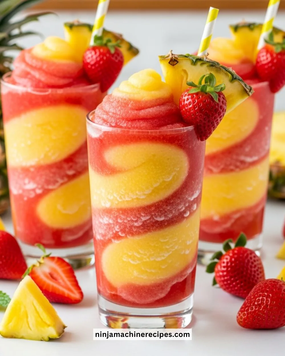Pineapple Strawberry Swirled Slushies in a glass, perfect for refreshing drinks.