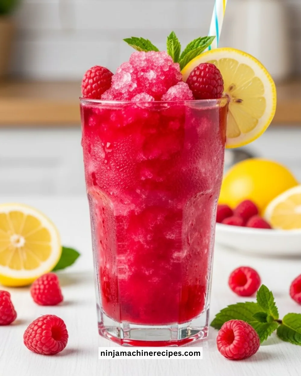Refreshing Raspberry Lemonade Slushie in a glass with ice and lemon slices.