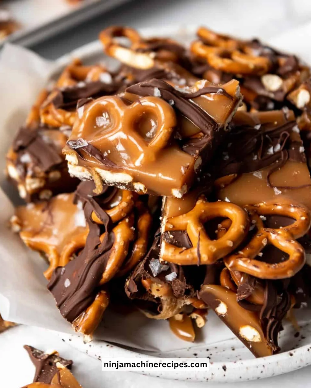 Delicious homemade salted caramel pretzel bark with a sweet and salty flavor