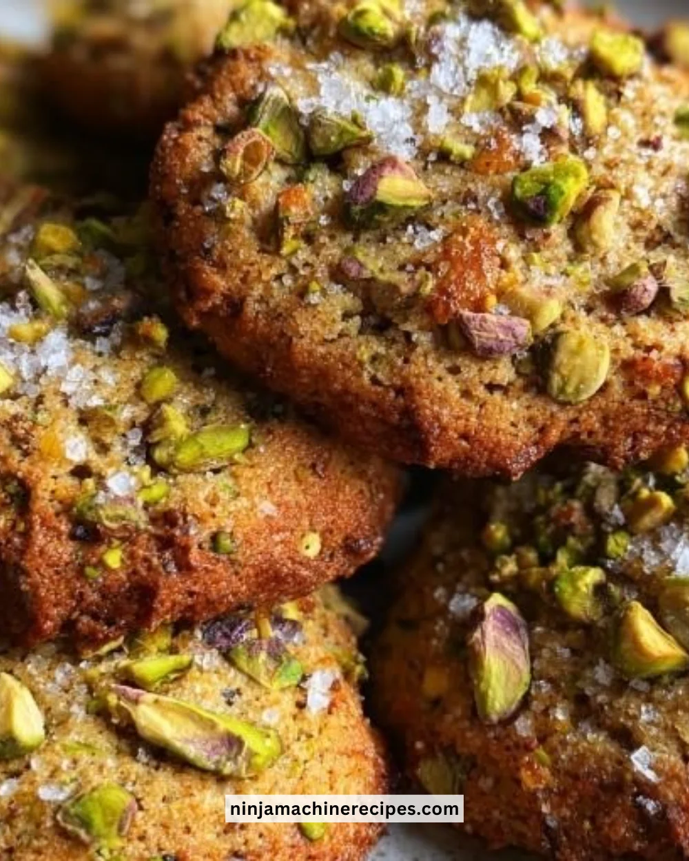 Delicious salted honey pistachio cookies on a wooden platter