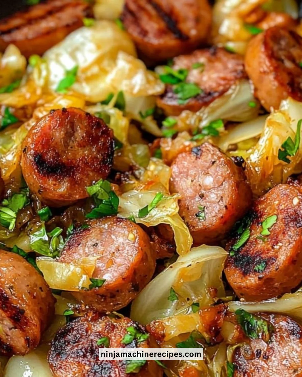 A colorful plate of sausage and cabbage stir fry, showcasing vibrant veggies and tender sausage.