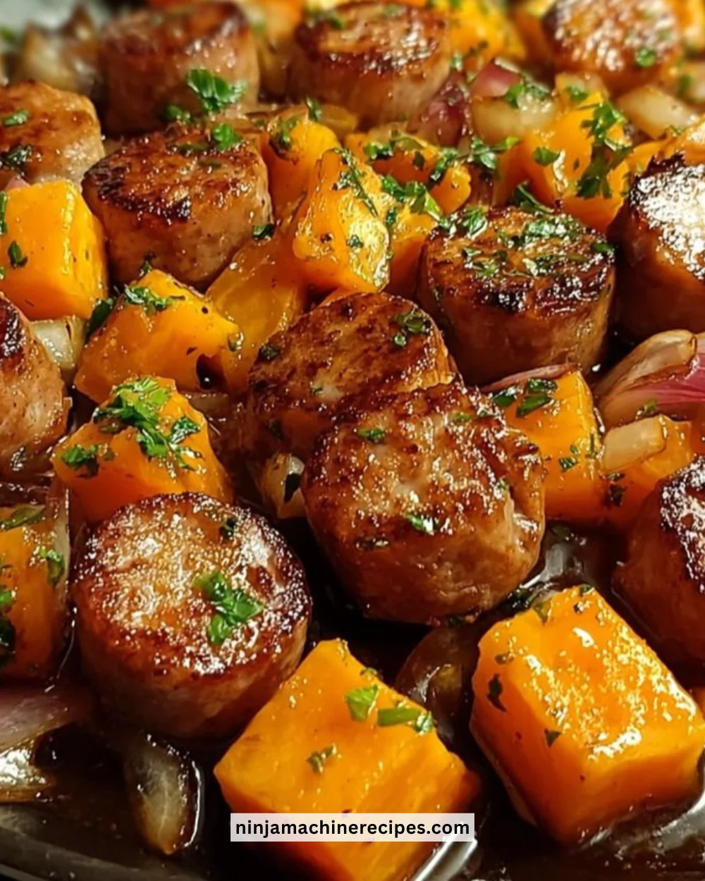 Sausage and Sweet Potatoes with Honey Garlic Sauce on a white plate