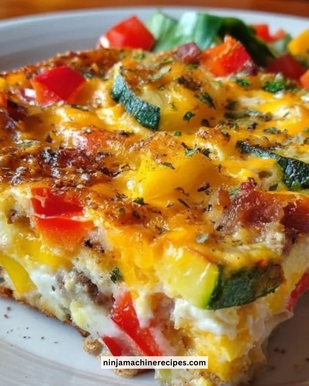 Savory baked morning casserole with vegetables and cheese topping