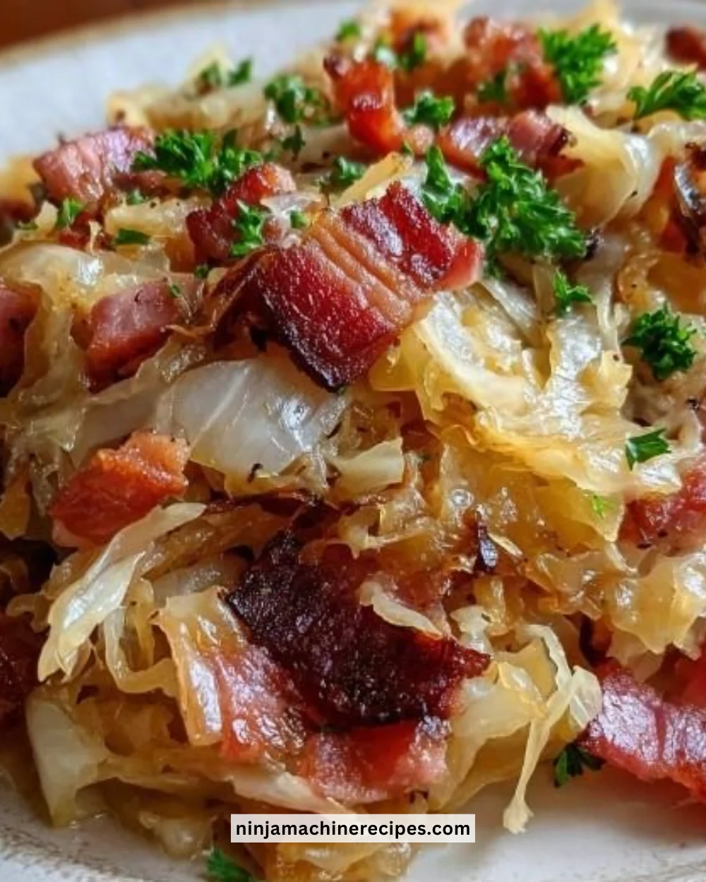 Savory slow-braised sauerkraut with smoky bacon and caramelized onions in a dish