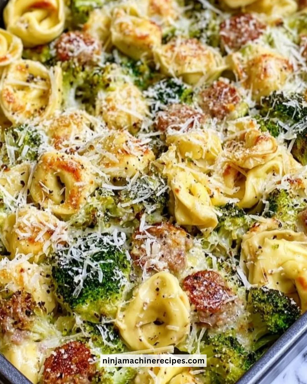 Sheet Pan Broccoli Tortellini Bake served on a plate with veggies