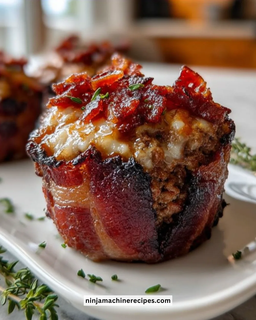 Delicious smoky bourbon BBQ bacon wrapped meatloaf cupcakes served on a platter.