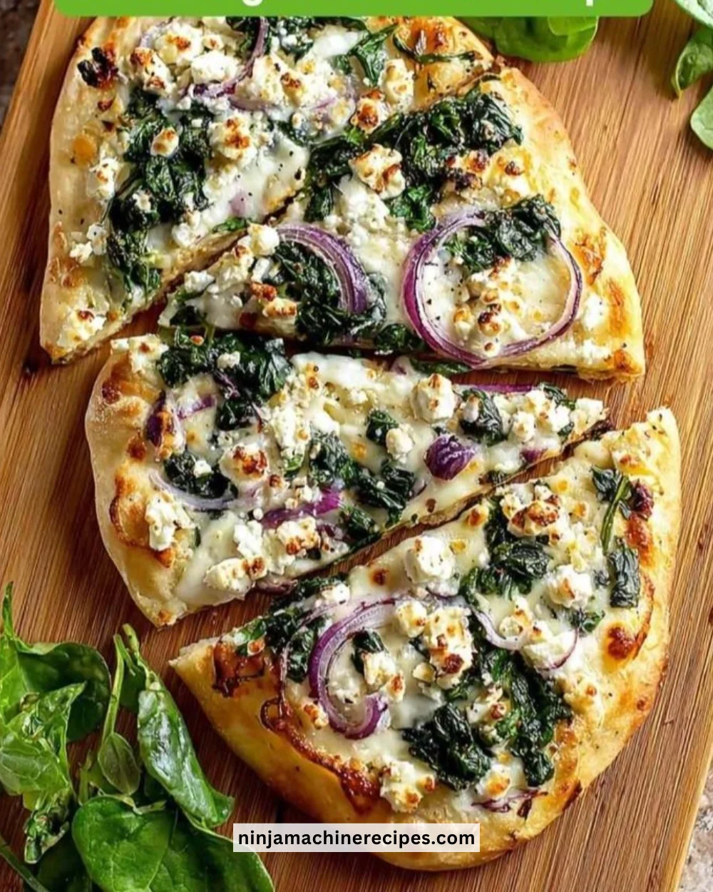 Spinach and feta flatbread pizza topped with fresh ingredients and herbs