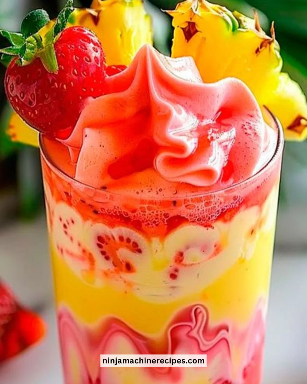 Strawberry Piña Colada smoothie garnished with fresh strawberries and a pineapple slice