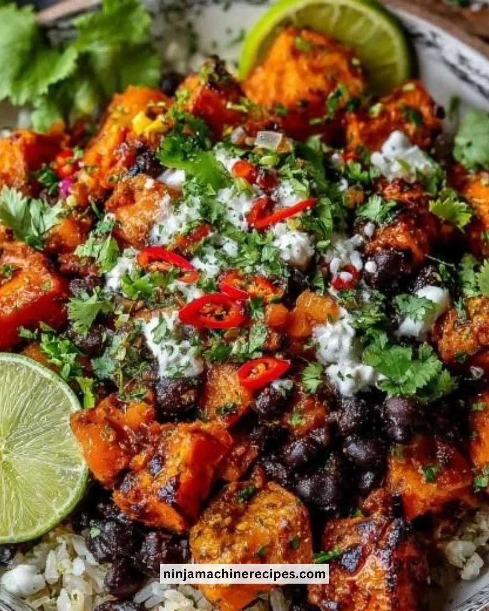 Colorful sweet potato taco bowl topped with fresh vegetables and avocado