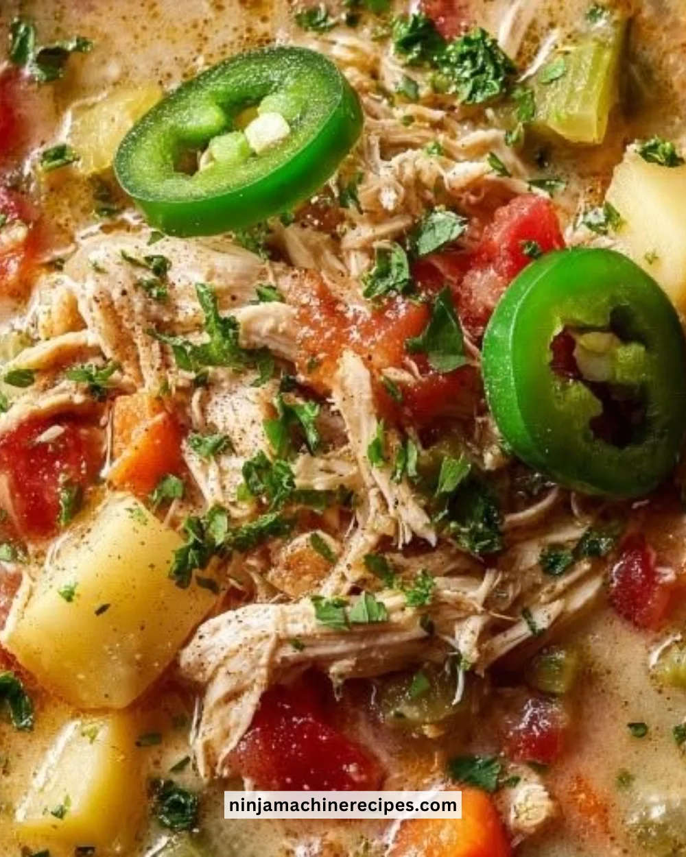 A bowl of White Chicken Chili topped with cilantro and jalapeños.