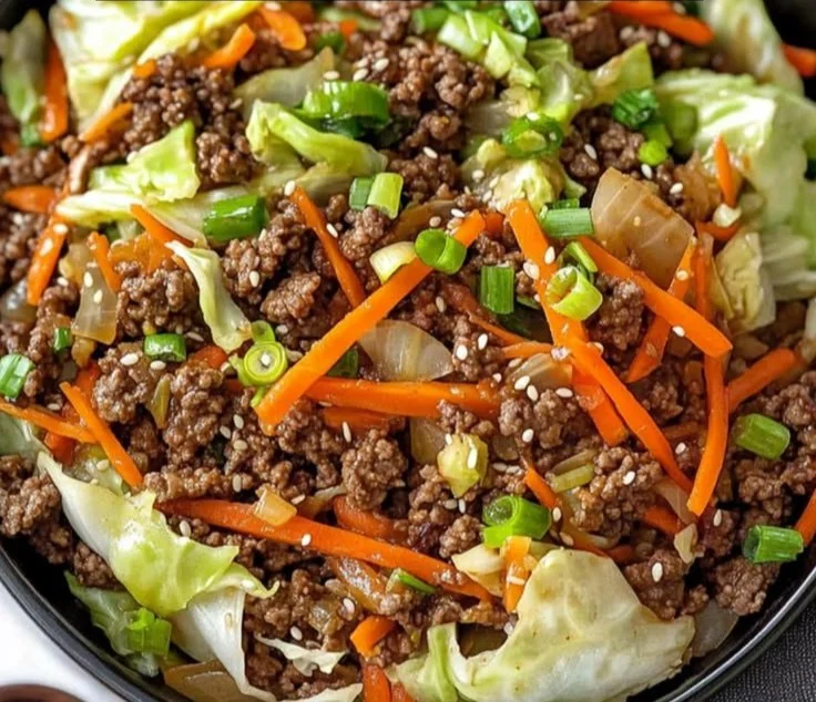 30-minute ground beef and cabbage stir fry in a skillet