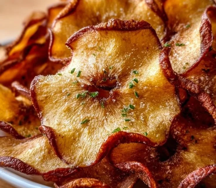 Crispy air fryer apple chips in a bowl, showcasing their crunchy texture.