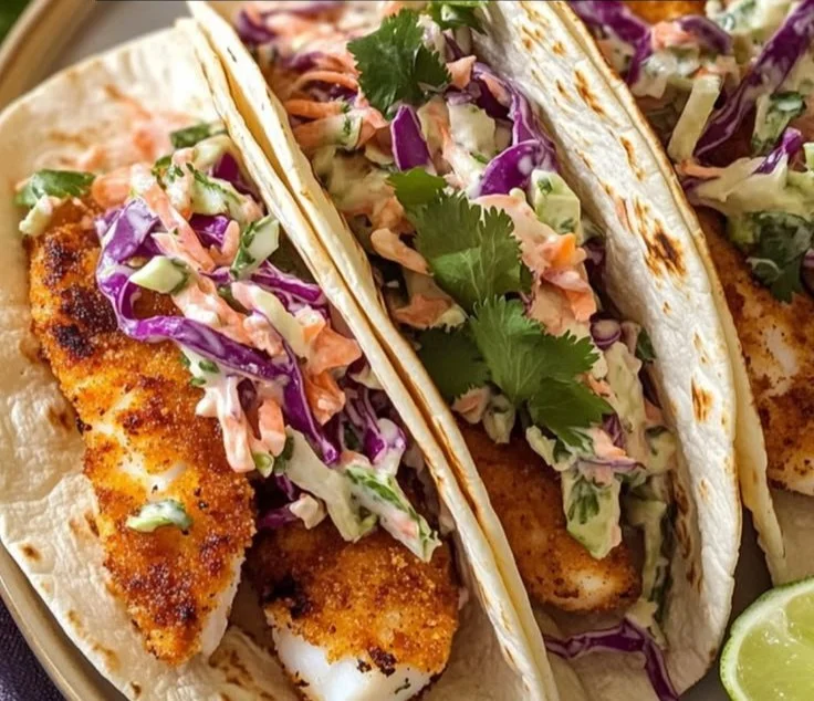 Crispy air fryer fish tacos served with cilantro lime slaw