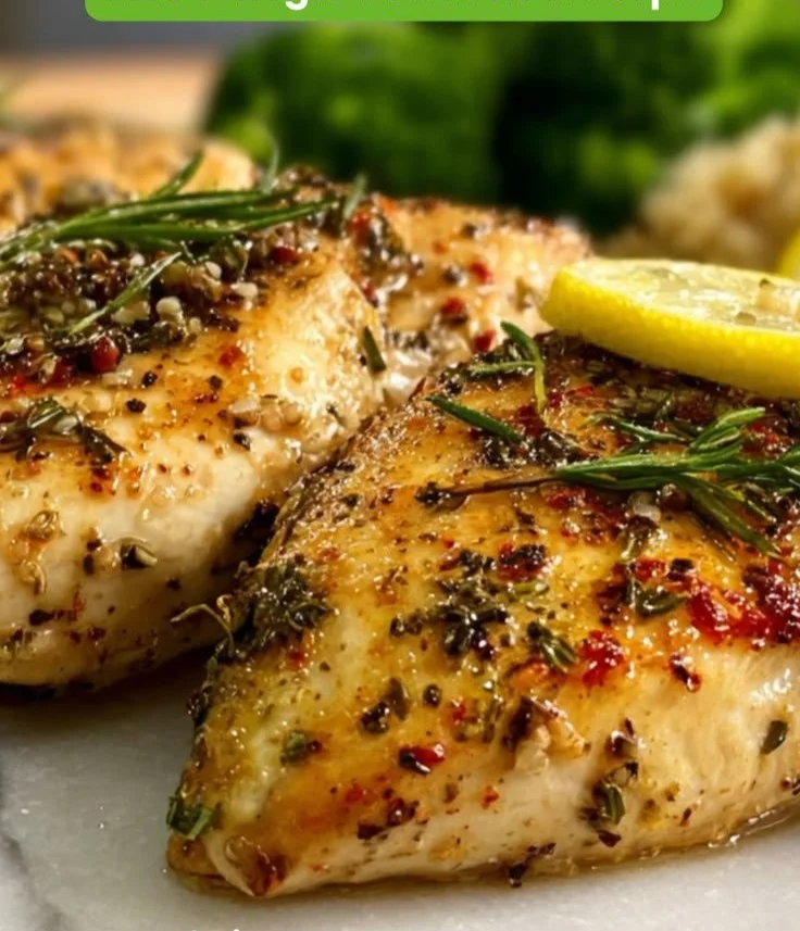 Air Fryer Lemon Herb Chicken dish garnished with fresh herbs and lemon slices