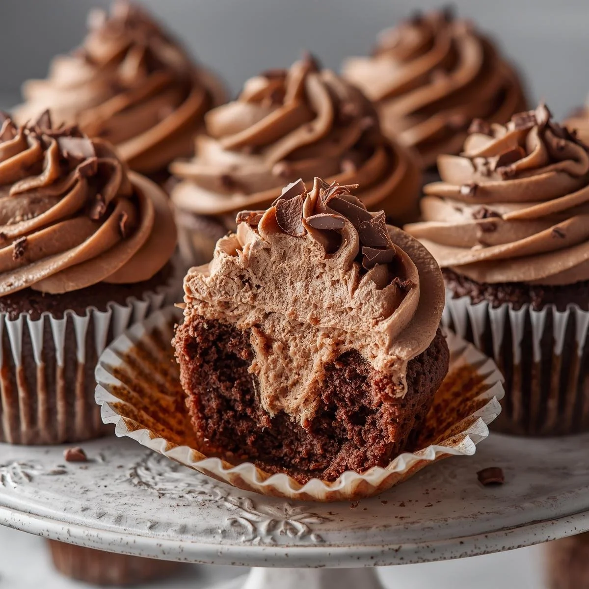 Delicious airy chocolate cupcakes with creamy mousse frosting