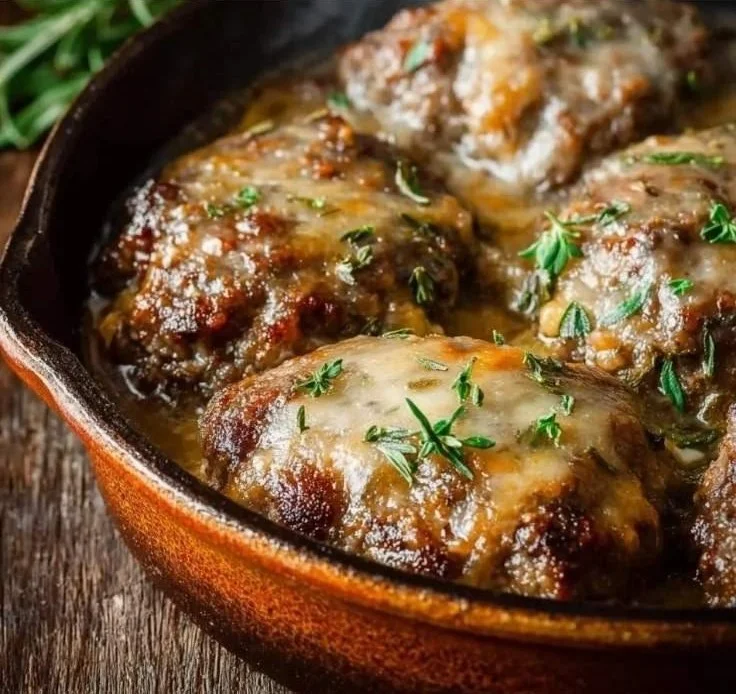 Amish Hamburger Steak Bake served on a plate with vegetables
