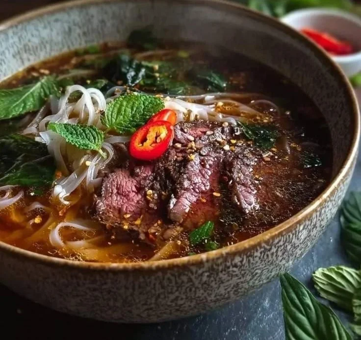 A bowl of authentic Vietnamese beef pho with fresh herbs and spices.