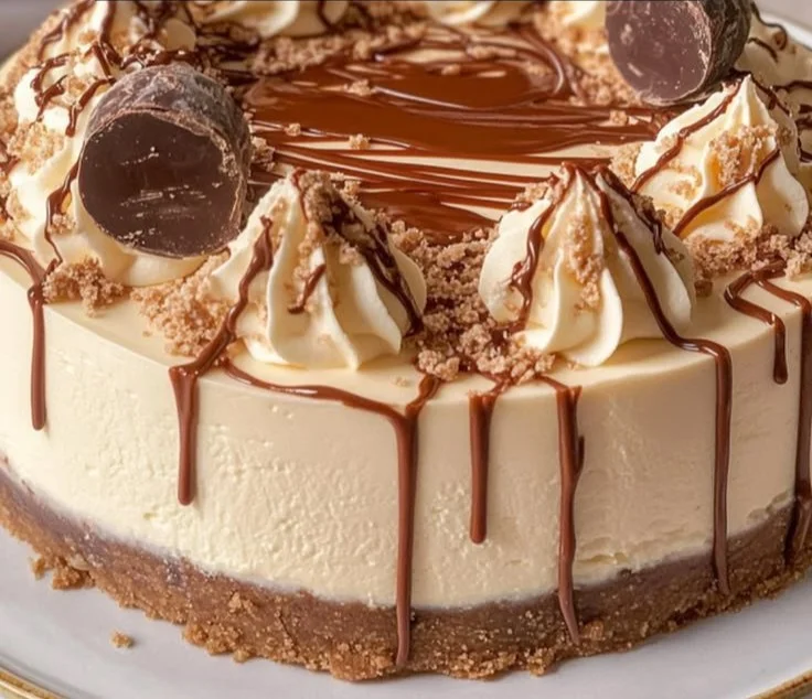 Delicious no-bake Baileys cheesecake served on a plate with chocolate drizzle