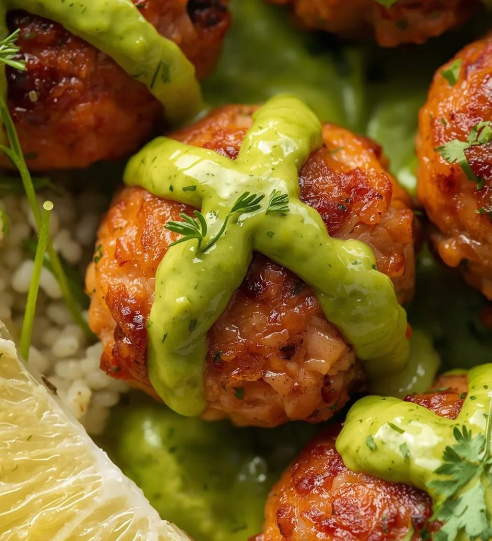 Baked salmon meatballs served with creamy avocado sauce in a bowl.