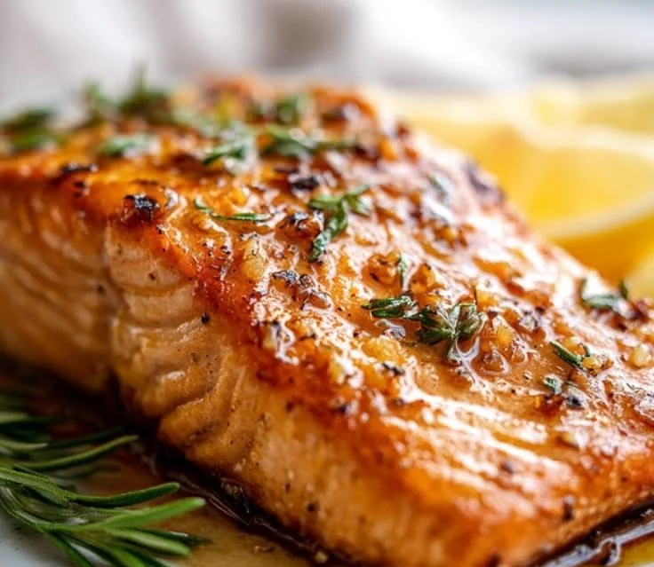 Baked salmon with honey garlic glaze on a plate garnished with herbs.