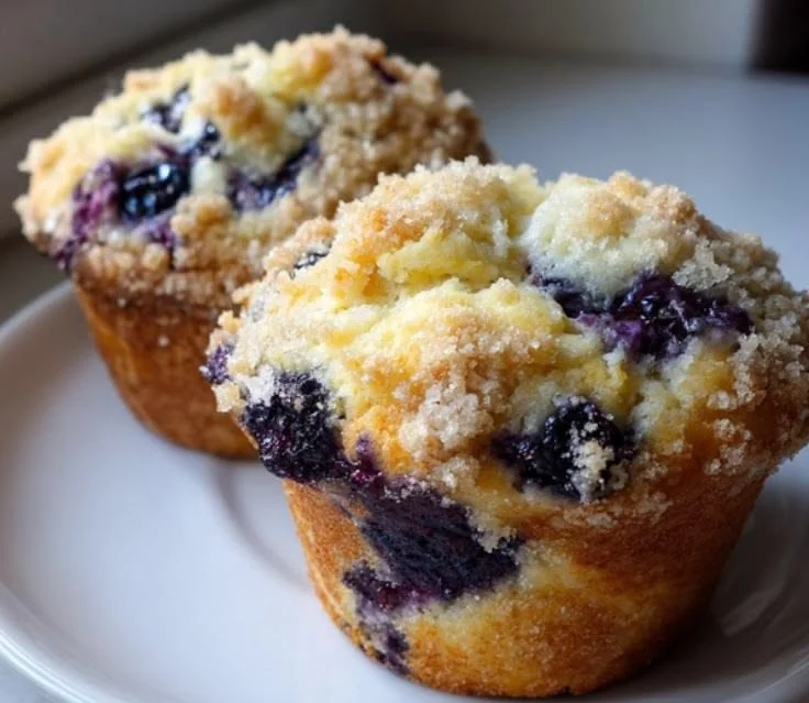 Freshly baked bakery-style blueberry muffins with a golden brown top