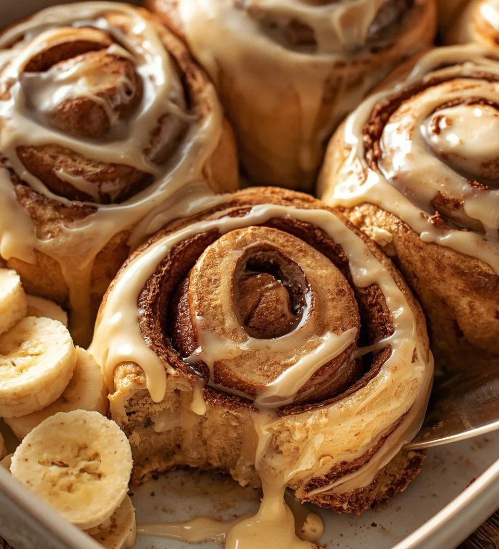 Delicious banana bread cinnamon rolls topped with creamy cream cheese frosting.