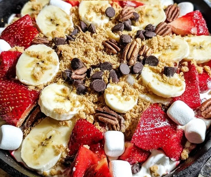 Delicious Banana Split S'mores Dip served in a bowl with graham crackers and bananas.