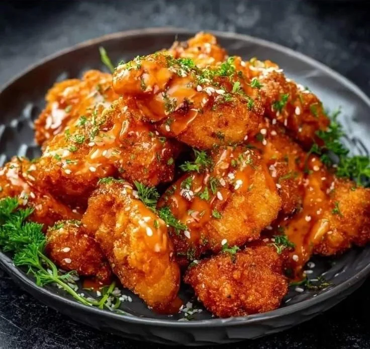 Plate of delicious Bang Bang Chicken garnished with fresh herbs