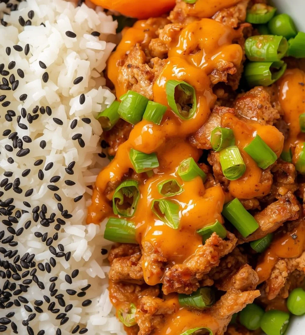 Bang Bang Ground Turkey Rice Bowls with fresh vegetables and sauces
