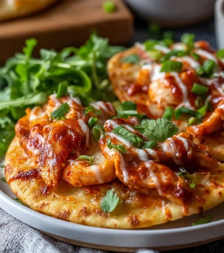 BBQ chicken flatbreads topped with cheese and vegetables on a wooden board