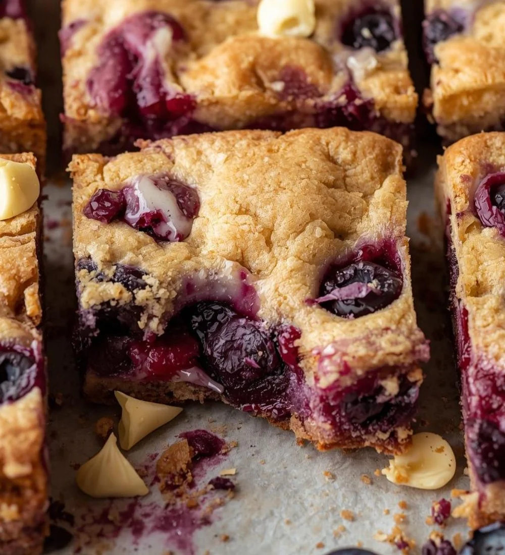 Delicious blueberry blondies topped with white chocolate chunks
