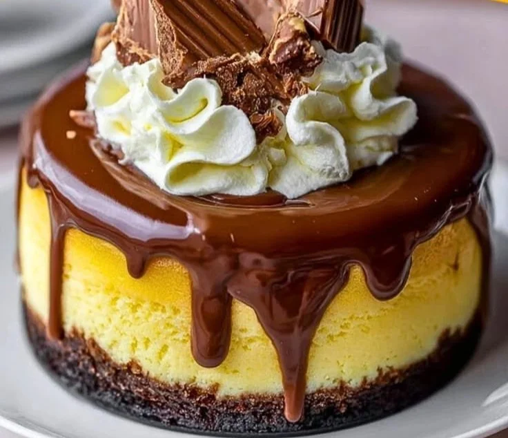 Delicious Boston Cream Pie Cheesecake topped with chocolate and cream.