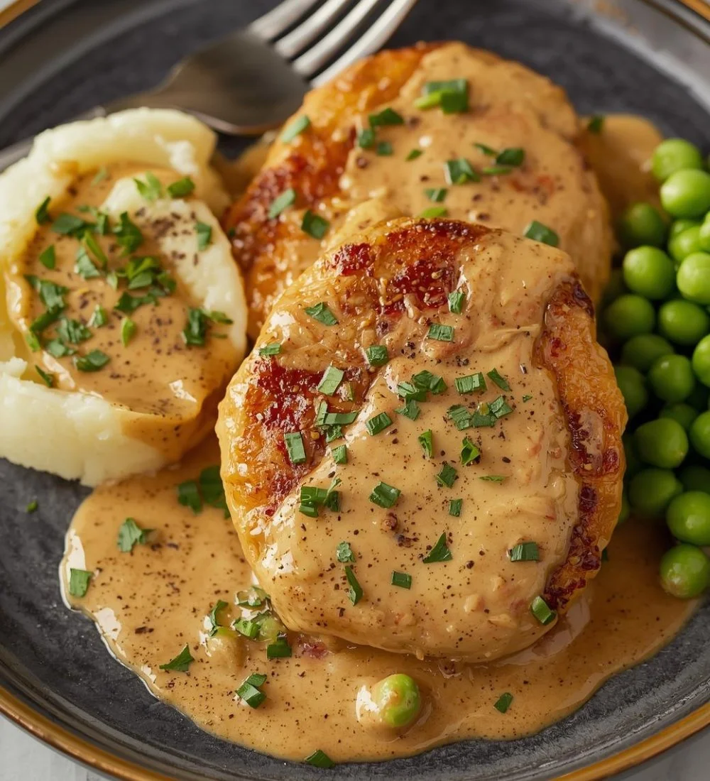 Creamy Boursin Chicken Bake topped with herbs and cheese