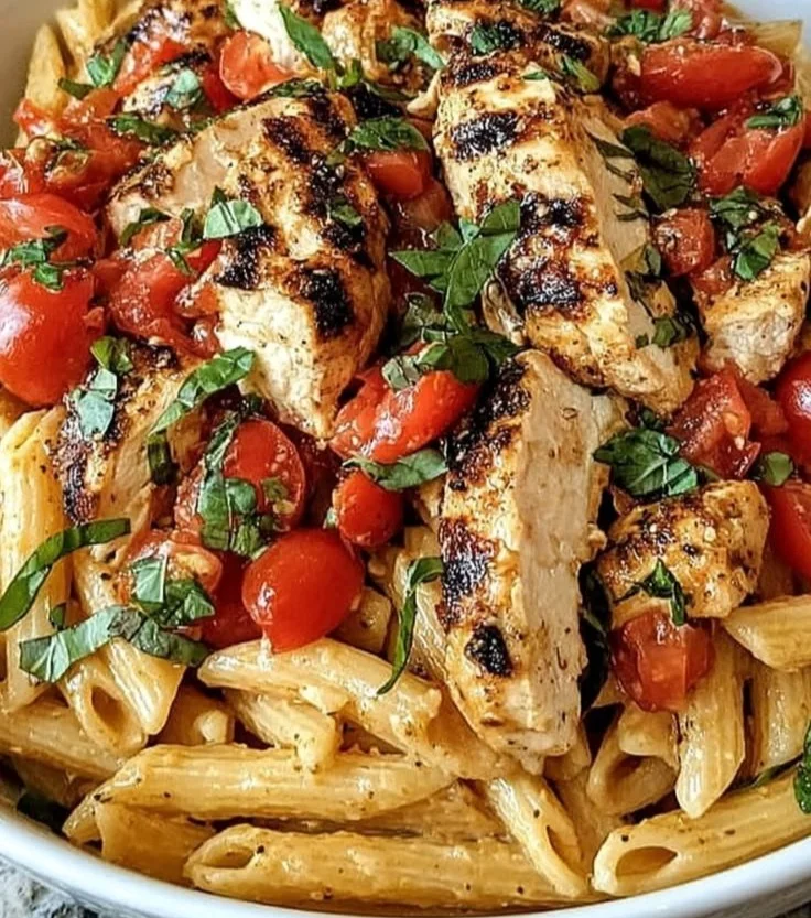 Delicious Bruschetta Chicken Pasta topped with fresh basil and tomatoes