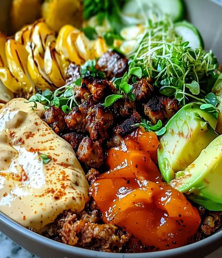 A colorful burger bowl filled with fresh ingredients and grilled meat