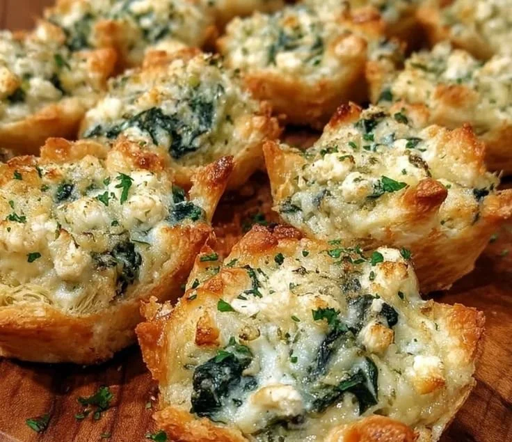 Cheesy spinach artichoke dip bites served on a platter