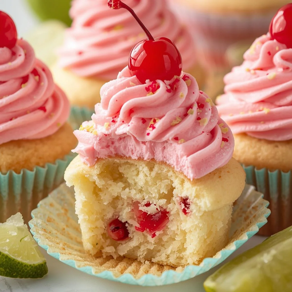 Delicious Cherry Limeade Cupcakes with vibrant frosting and cherries on top