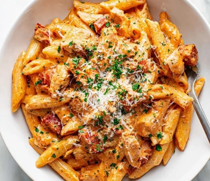 Delicious Chicken and Chorizo Pasta served in a bowl with herbs and spices.