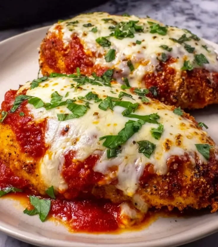 Plate of Chicken Parmesan topped with marinara sauce and melted cheese