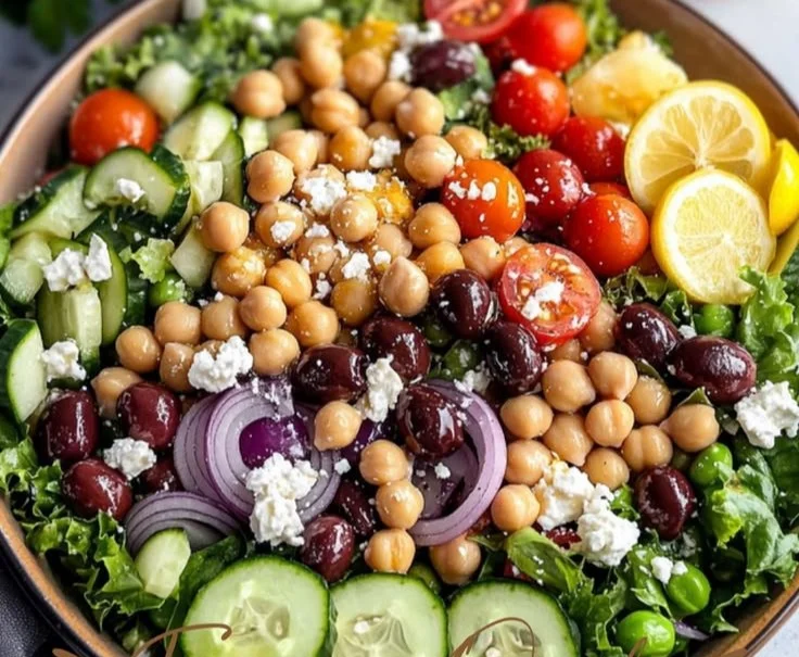 Chickpea Greek Salad with fresh vegetables and feta cheese