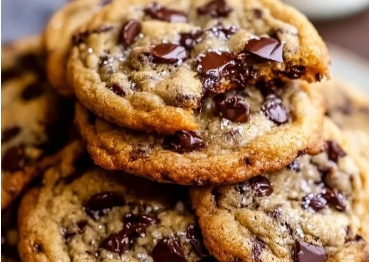 Freshly baked chocolate chip cookies on a cooling rack