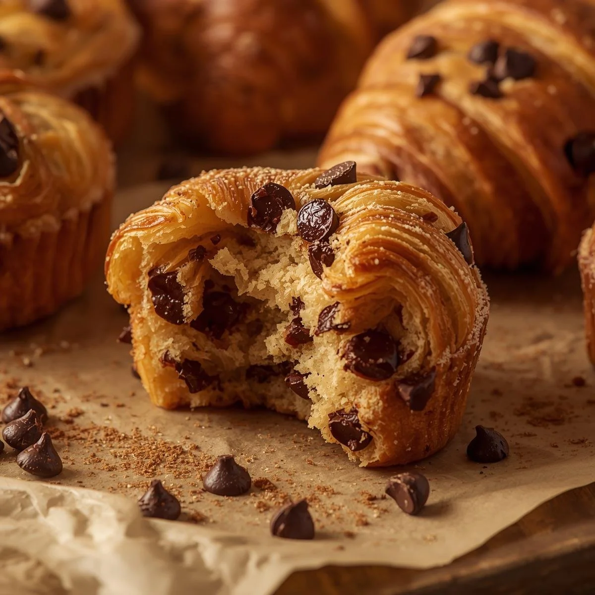 Freshly baked chocolate chip cruffins on a rustic wooden table